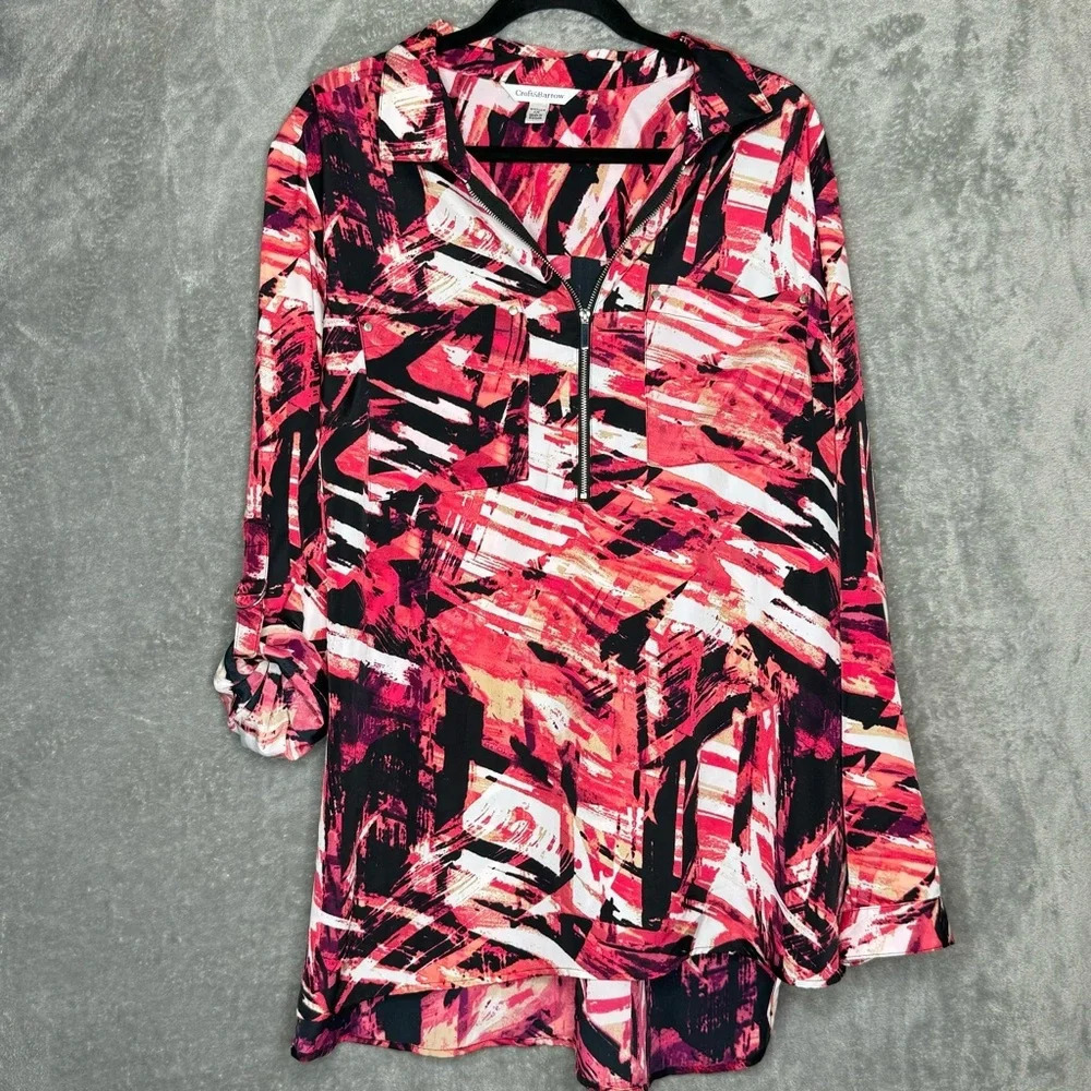 Croft & Barrow 2X Shirt Top Pink Abstract Tab Long Sleeve Zip V Neck High Low
